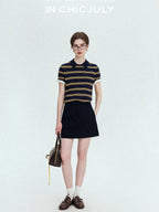 chicjuly Colorblock Polo Stripe Henley Knit Retro Women's Wool Short Sleeve T-shirts
