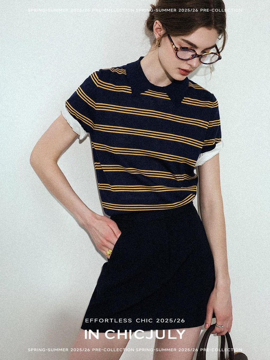 chicjuly Colorblock Polo Stripe Henley Knit Retro Women's Wool Short Sleeve T-shirts
