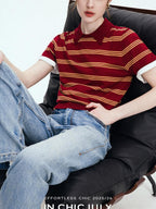 chicjuly Colorblock Polo Stripe Henley Knit Retro Women's Wool Short Sleeve T-shirts