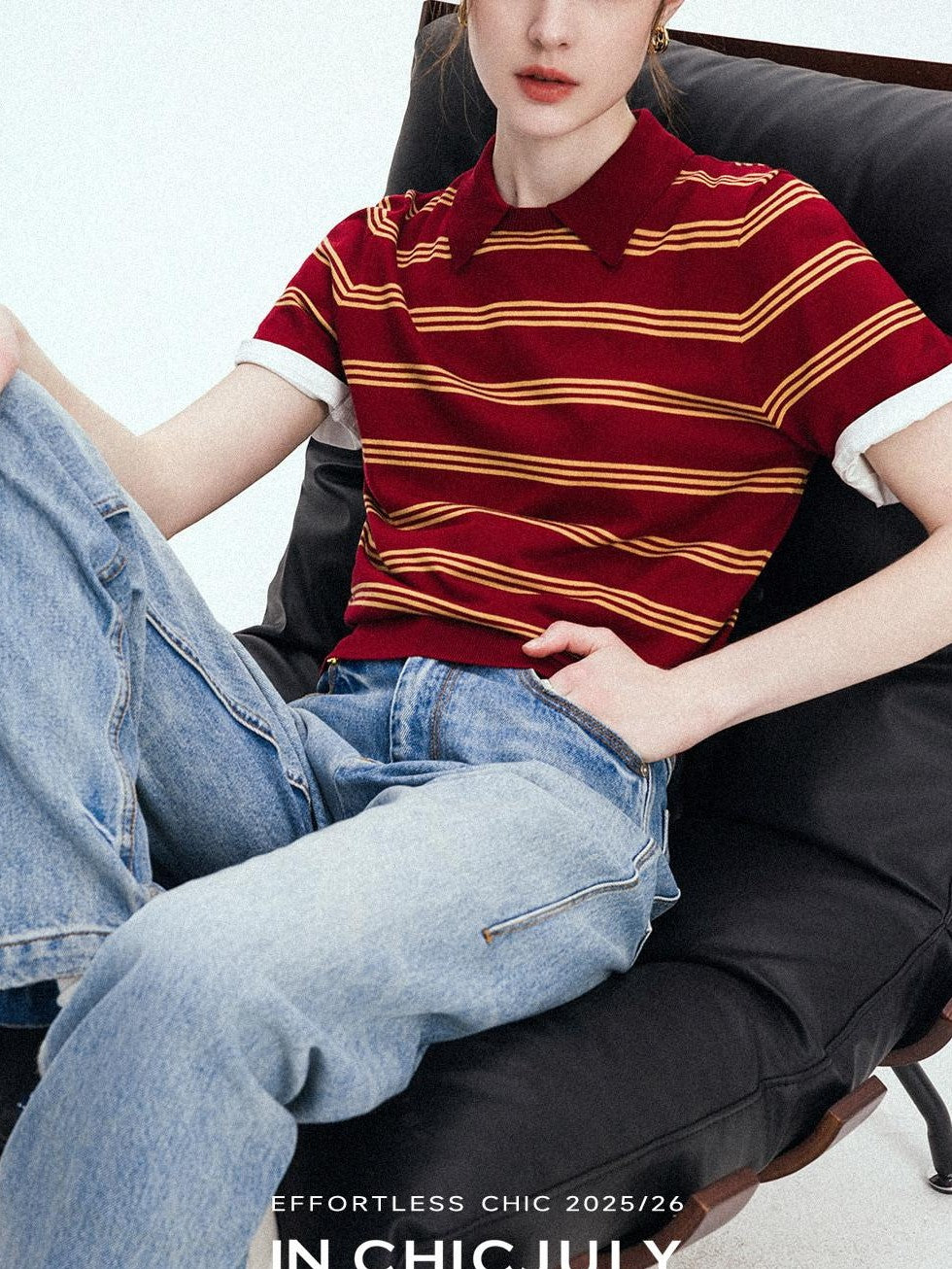 chicjuly Colorblock Polo Stripe Henley Knit Retro Women's Wool Short Sleeve T-shirts