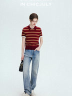 chicjuly Colorblock Polo Stripe Henley Knit Retro Women's Wool Short Sleeve T-shirts