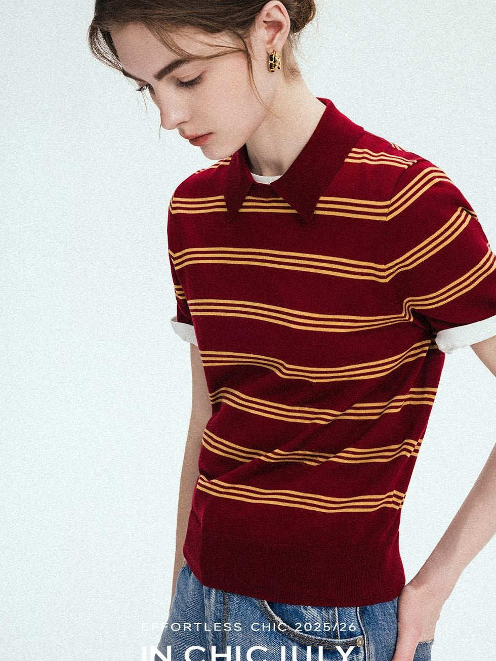 chicjuly Colorblock Polo Stripe Henley Knit Retro Women's Wool Short Sleeve T-shirts