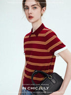 chicjuly Colorblock Polo Stripe Henley Knit Retro Women's Wool Short Sleeve T-shirts