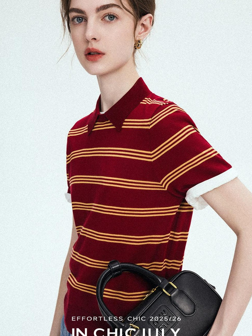 chicjuly Colorblock Polo Stripe Henley Knit Retro Women's Wool Short Sleeve T-shirts