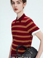 chicjuly Colorblock Polo Stripe Henley Knit Retro Women's Wool Short Sleeve T-shirts