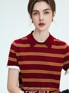 chicjuly Colorblock Polo Stripe Henley Knit Retro Women's Wool Short Sleeve T-shirts