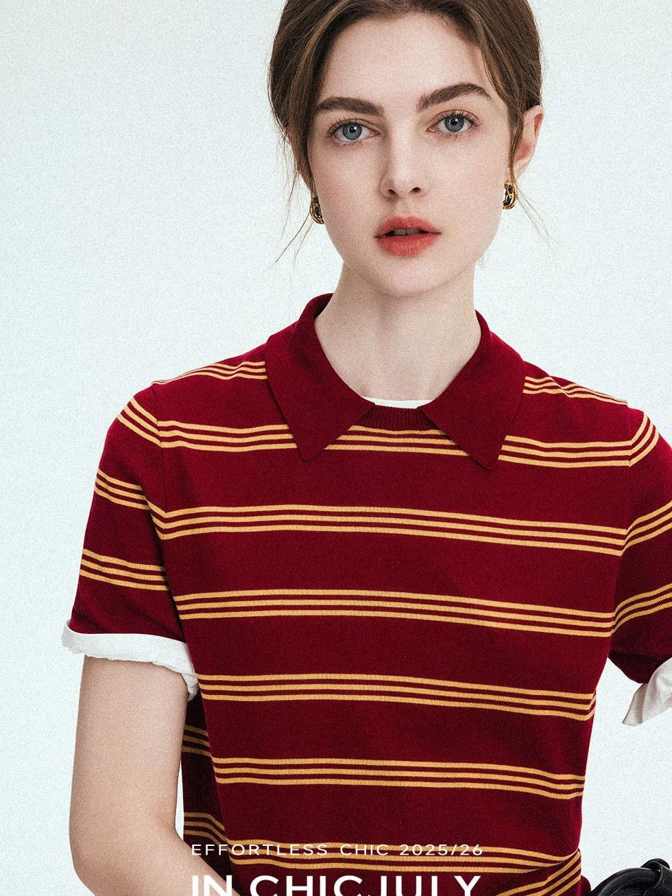 chicjuly Colorblock Polo Stripe Henley Knit Retro Women's Wool Short Sleeve T-shirts