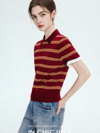 chicjuly Colorblock Polo Stripe Henley Knit Retro Women's Wool Short Sleeve T-shirts