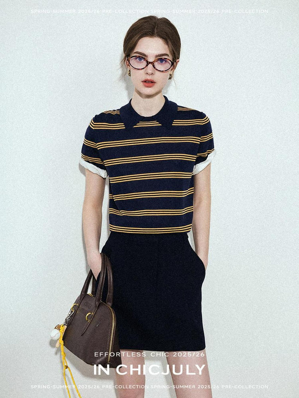 chicjuly Colorblock Polo Stripe Henley Knit Retro Women's Wool Short Sleeve T-shirts