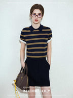 chicjuly Colorblock Polo Stripe Henley Knit Retro Women's Wool Short Sleeve T-shirts