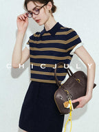 chicjuly Colorblock Polo Stripe Henley Knit Retro Women's Wool Short Sleeve T-shirts