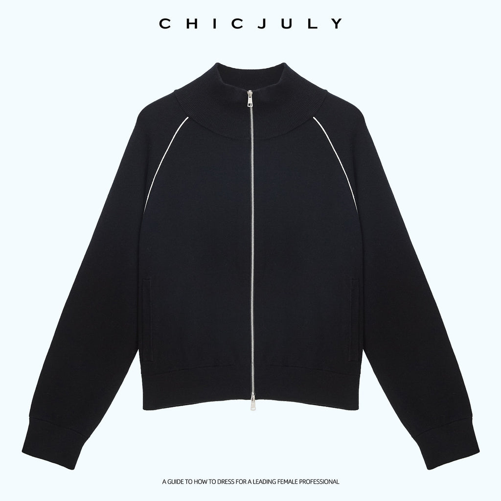 chicjuly Colorblock Stripe Stand Collar Zipper Drop Shoulder Women's Wool Hoodies 994829574670