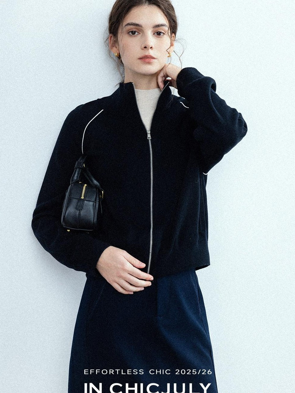 chicjuly Colorblock Stripe Stand Collar Zipper Drop Shoulder Women's Wool Hoodies