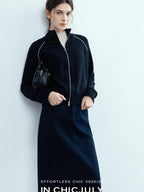 chicjuly Colorblock Stripe Stand Collar Zipper Drop Shoulder Women's Wool Hoodies