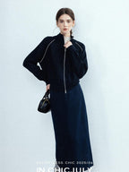 chicjuly Colorblock Stripe Stand Collar Zipper Drop Shoulder Women's Wool Hoodies