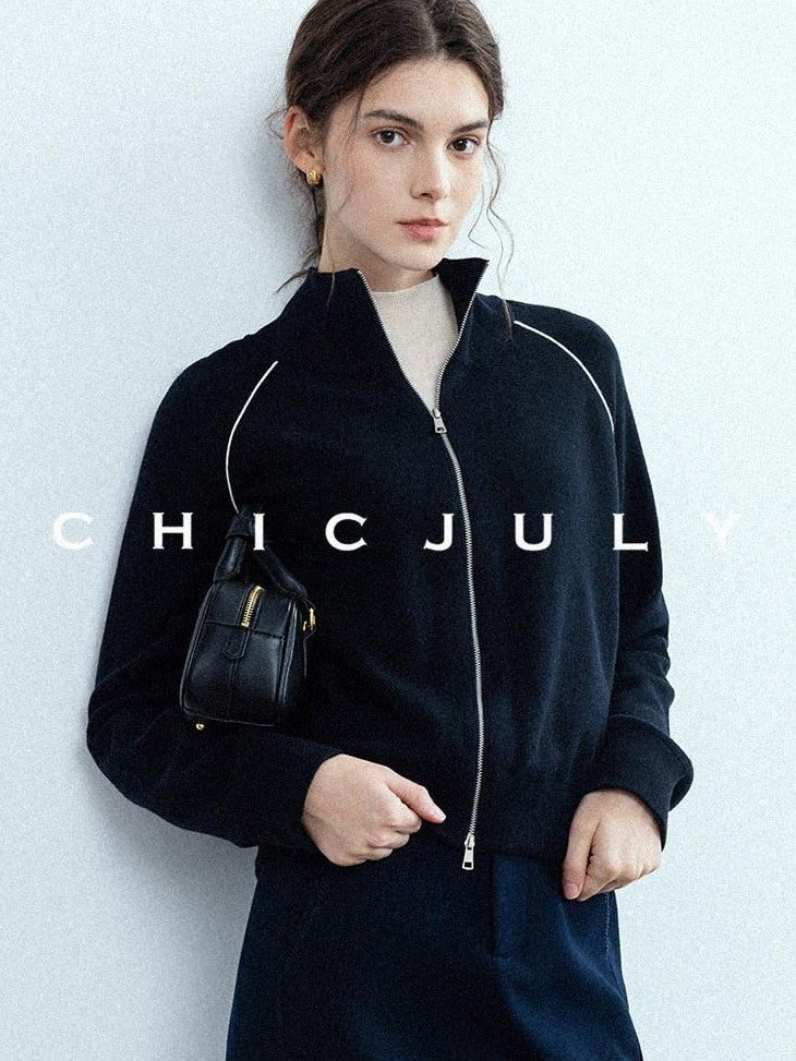 chicjuly Colorblock Stripe Stand Collar Zipper Drop Shoulder Women's Wool Hoodies