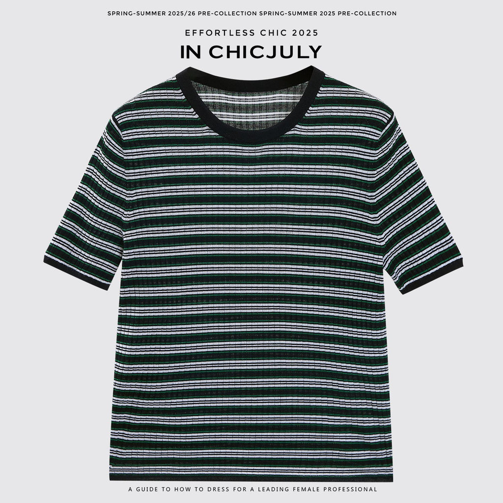 chicjuly Contrast Stripe Knit Crewneck Women's Wool Short Sleeve T-shirts 930828858086