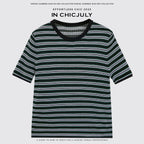chicjuly Contrast Stripe Knit Crewneck Women's Wool Short Sleeve T-shirts 930828858086