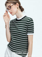 chicjuly Contrast Stripe Knit Crewneck Women's Wool Short Sleeve T-shirts