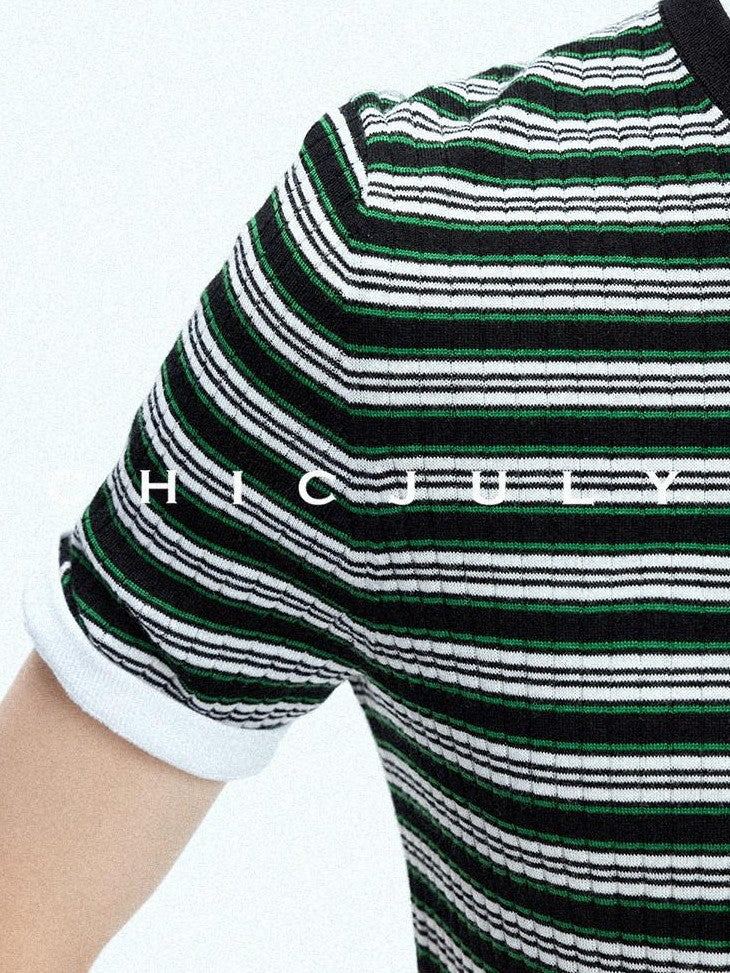chicjuly Contrast Stripe Knit Crewneck Women's Wool Short Sleeve T-shirts
