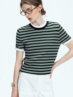 chicjuly Contrast Stripe Knit Crewneck Women's Wool Short Sleeve T-shirts