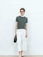chicjuly Contrast Stripe Knit Crewneck Women's Wool Short Sleeve T-shirts