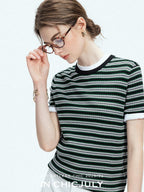 chicjuly Contrast Stripe Knit Crewneck Women's Wool Short Sleeve T-shirts