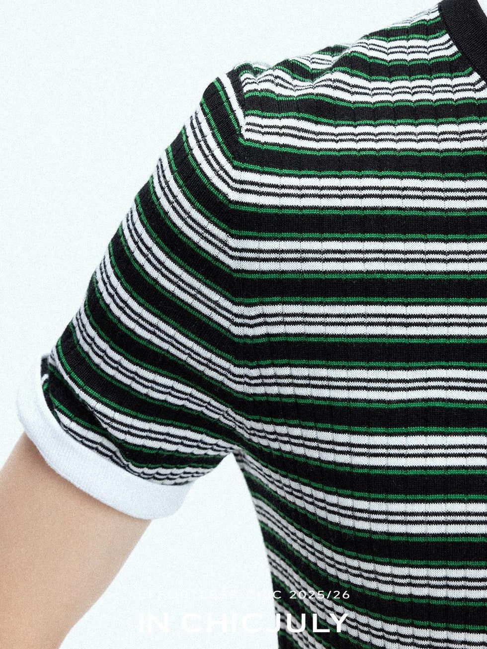 chicjuly Contrast Stripe Knit Crewneck Women's Wool Short Sleeve T-shirts