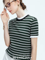 chicjuly Contrast Stripe Knit Crewneck Women's Wool Short Sleeve T-shirts