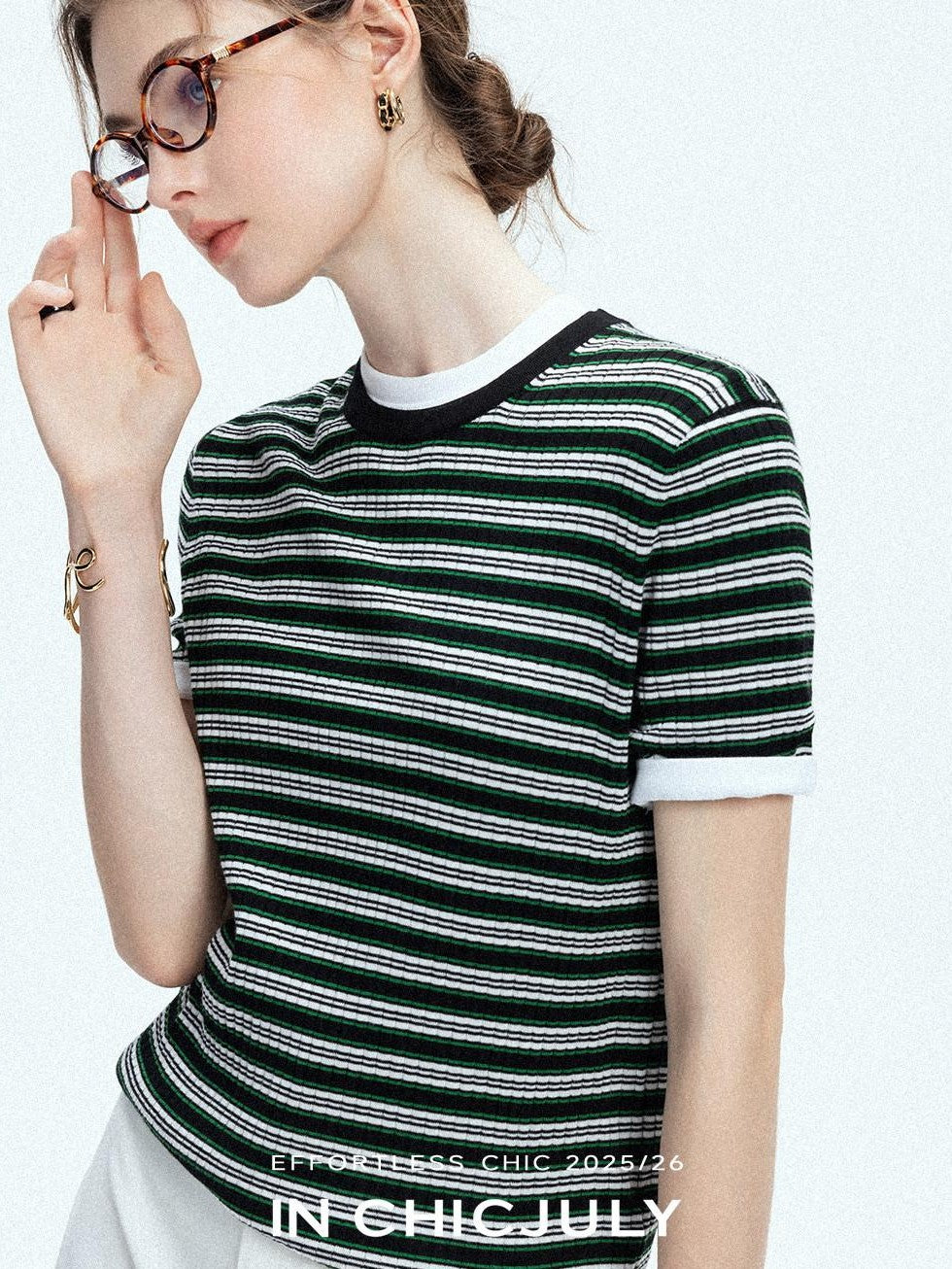 chicjuly Contrast Stripe Knit Crewneck Women's Wool Short Sleeve T-shirts