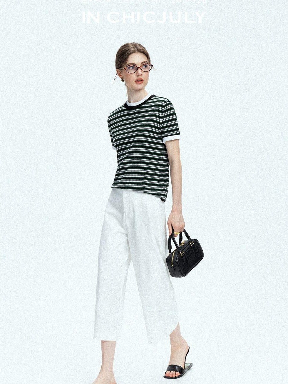 chicjuly Contrast Stripe Knit Crewneck Women's Wool Short Sleeve T-shirts