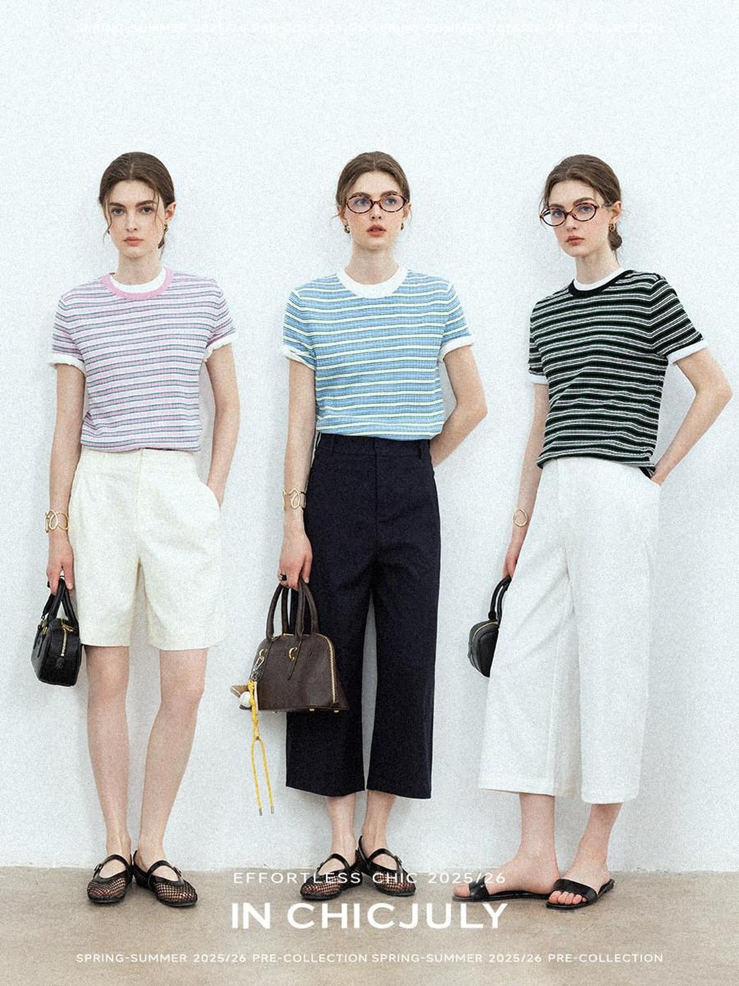 chicjuly Contrast Stripe Knit Crewneck Women's Wool Short Sleeve T-shirts