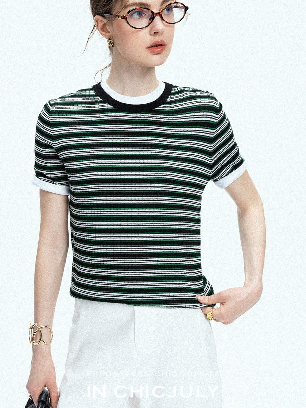 chicjuly Contrast Stripe Knit Crewneck Women's Wool Short Sleeve T-shirts