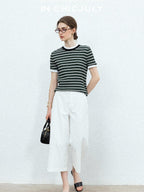 chicjuly Contrast Stripe Knit Crewneck Women's Wool Short Sleeve T-shirts