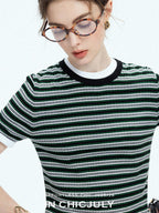 chicjuly Contrast Stripe Knit Crewneck Women's Wool Short Sleeve T-shirts