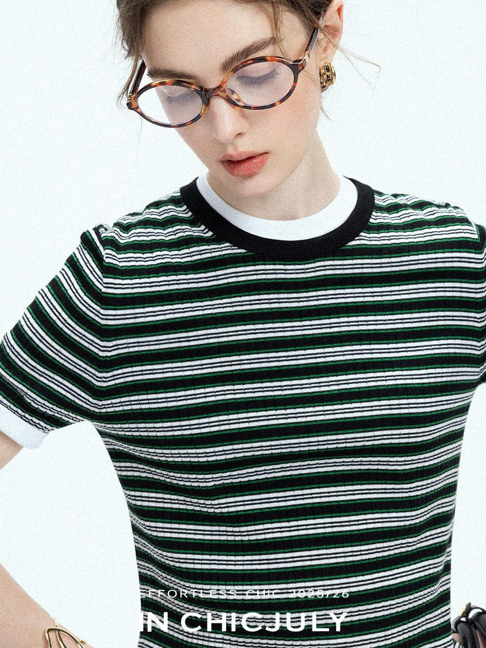 chicjuly Contrast Stripe Knit Crewneck Women's Wool Short Sleeve T-shirts