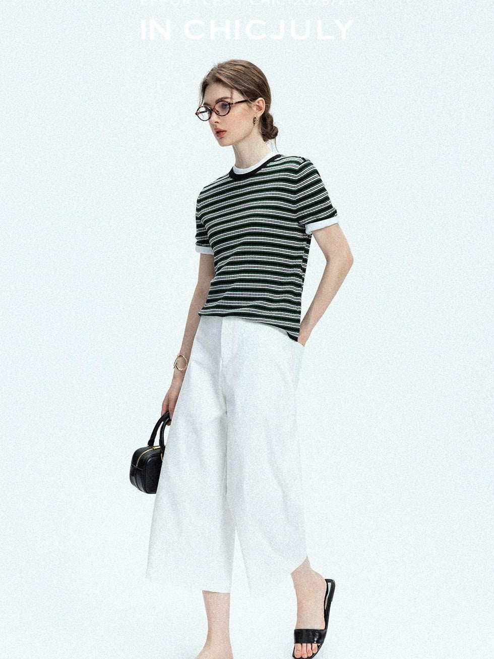 chicjuly Contrast Stripe Knit Crewneck Women's Wool Short Sleeve T-shirts