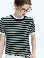 chicjuly Contrast Stripe Knit Crewneck Women's Wool Short Sleeve T-shirts