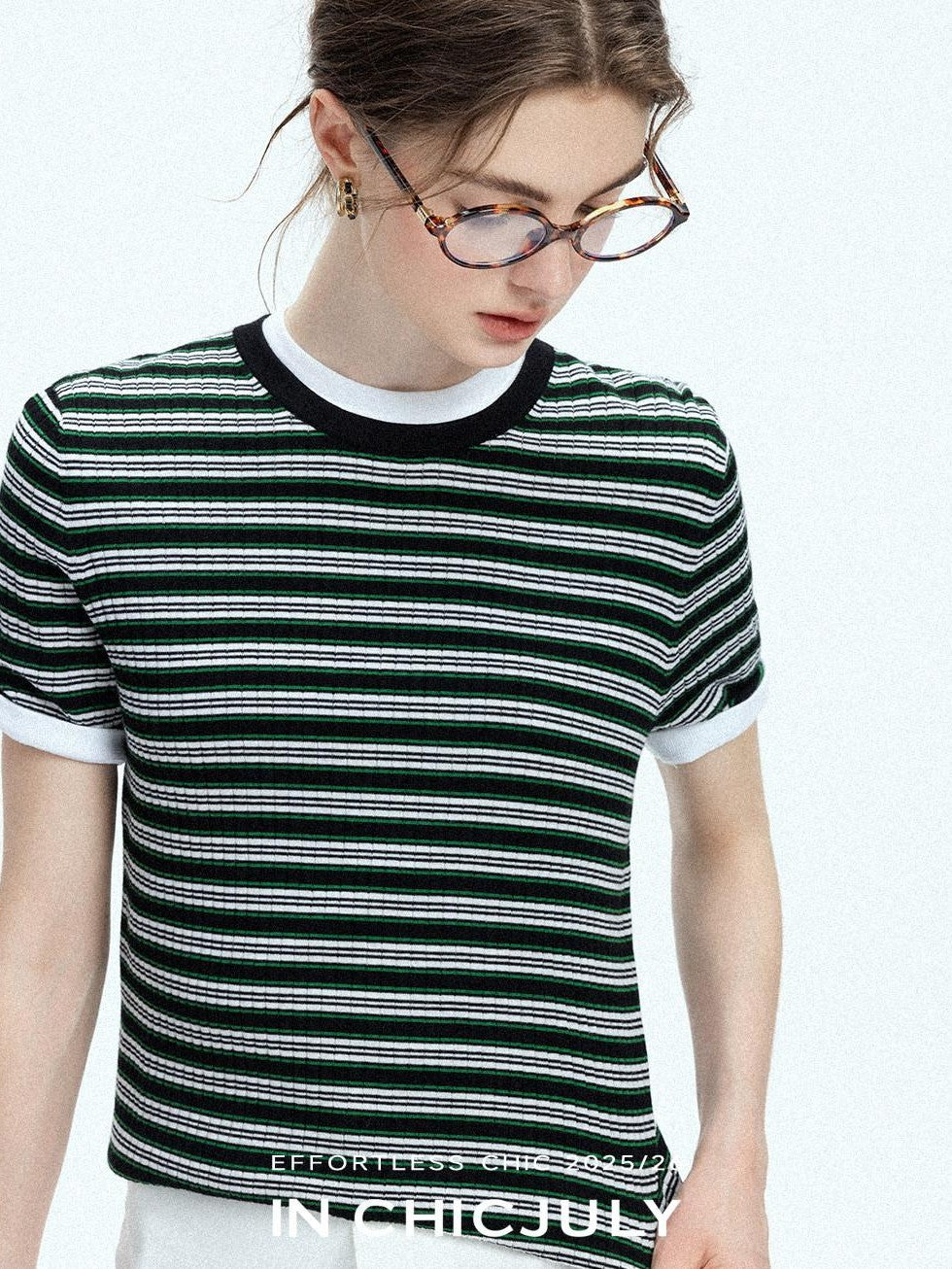 chicjuly Contrast Stripe Knit Crewneck Women's Wool Short Sleeve T-shirts