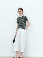 chicjuly Contrast Stripe Knit Crewneck Women's Wool Short Sleeve T-shirts