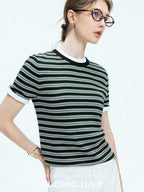 chicjuly Contrast Stripe Knit Crewneck Women's Wool Short Sleeve T-shirts