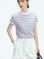 chicjuly Contrast Stripe Knit Crewneck Women's Wool Short Sleeve T-shirts