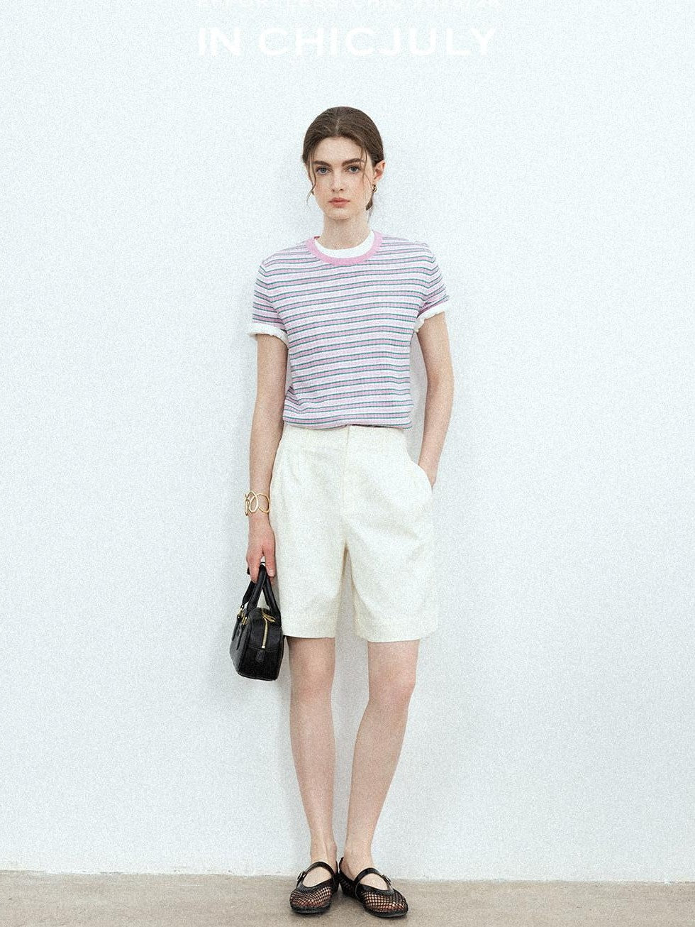 chicjuly Contrast Stripe Knit Crewneck Women's Wool Short Sleeve T-shirts