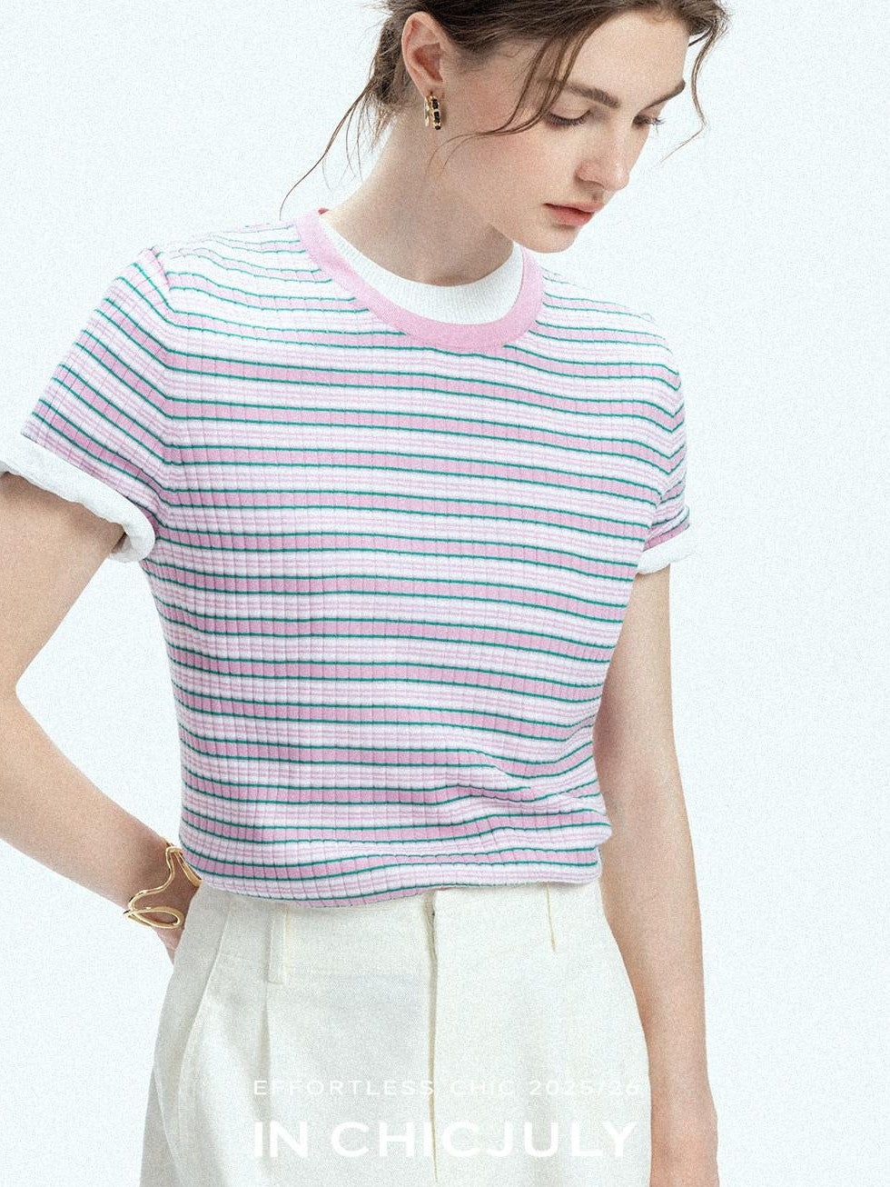 chicjuly Contrast Stripe Knit Crewneck Women's Wool Short Sleeve T-shirts