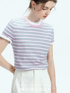 chicjuly Contrast Stripe Knit Crewneck Women's Wool Short Sleeve T-shirts