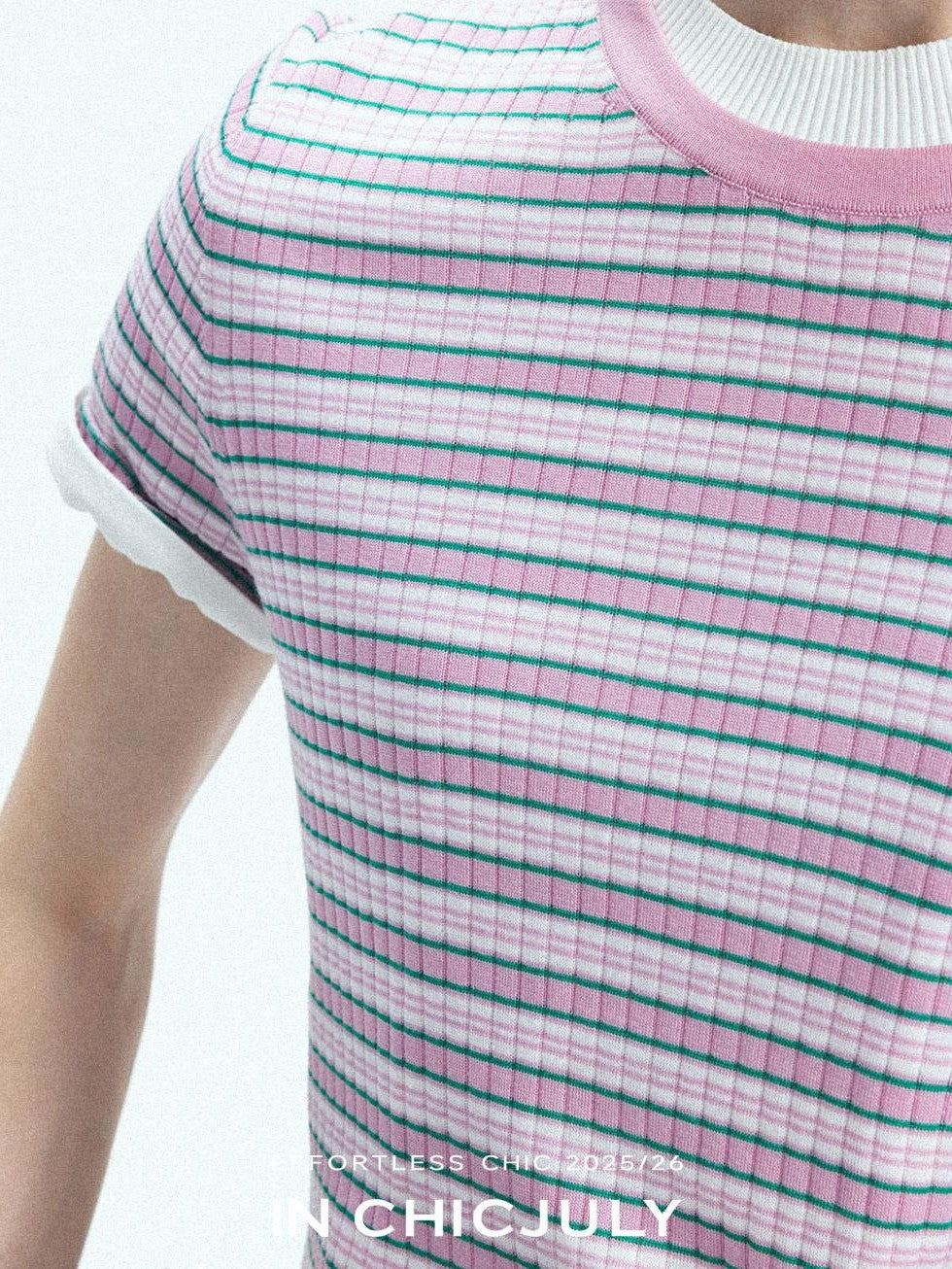 chicjuly Contrast Stripe Knit Crewneck Women's Wool Short Sleeve T-shirts