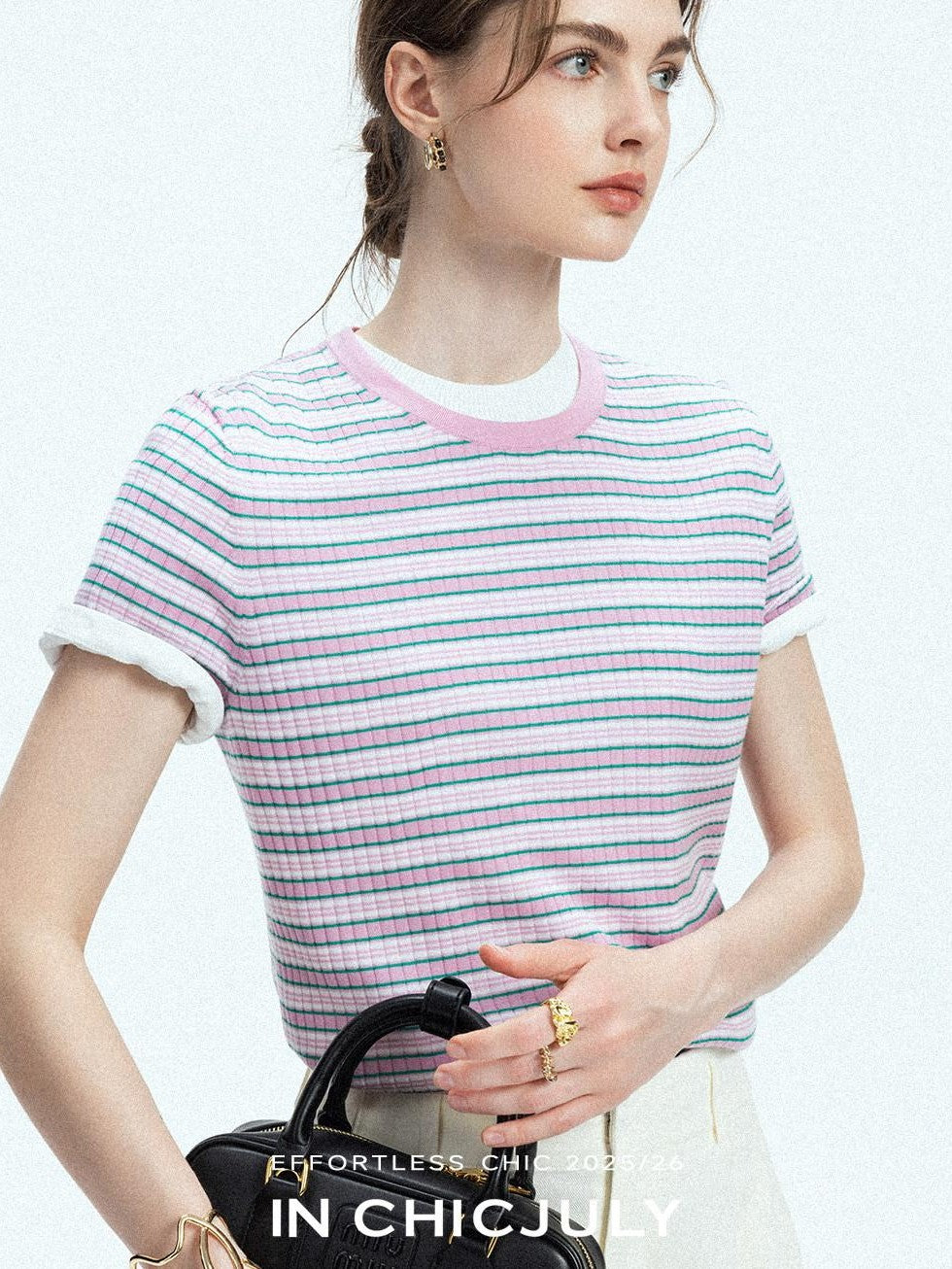 chicjuly Contrast Stripe Knit Crewneck Women's Wool Short Sleeve T-shirts