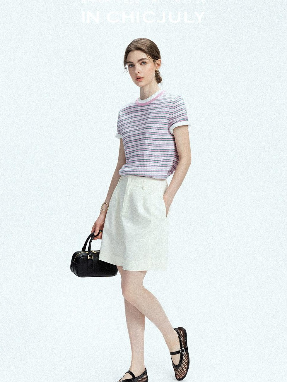 chicjuly Contrast Stripe Knit Crewneck Women's Wool Short Sleeve T-shirts