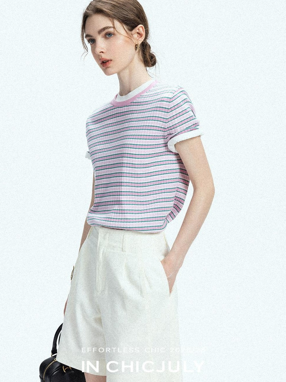 chicjuly Contrast Stripe Knit Crewneck Women's Wool Short Sleeve T-shirts