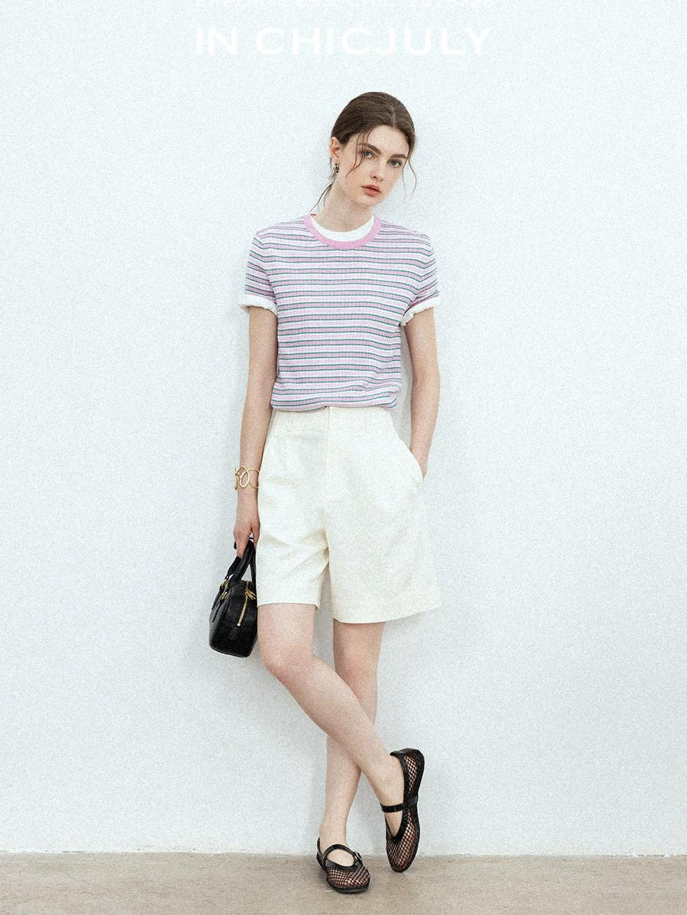 chicjuly Contrast Stripe Knit Crewneck Women's Wool Short Sleeve T-shirts